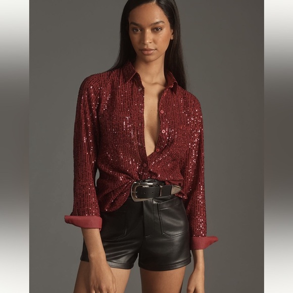 NWT new medium Anthropologie Remoe sequin button down shirt raspberry pink red - Picture 1 of 13
